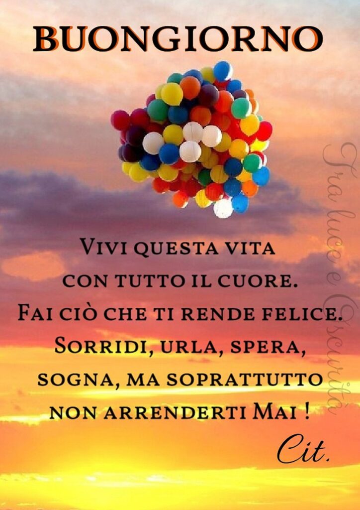 BUONGIORNO. Vivi questa vita con tutto il cuore. Fai ciò che ti rende felice. Sorridi, urla, spera, sogna, ma soprattutto non arrenderti mai!